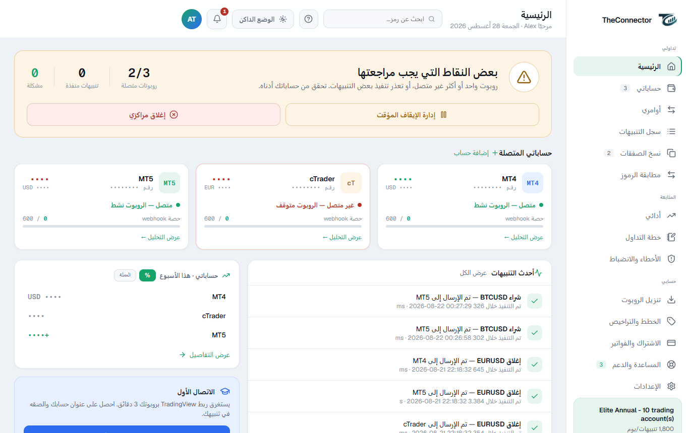 لوحة تحكم TheConnector: حسابات MT4 وMT5 وcTrader وسجل تنبيهات TradingView