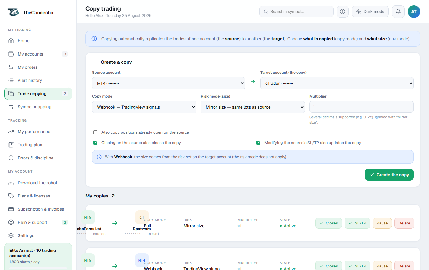 Creating a copy: source account, target account, copy mode and size
