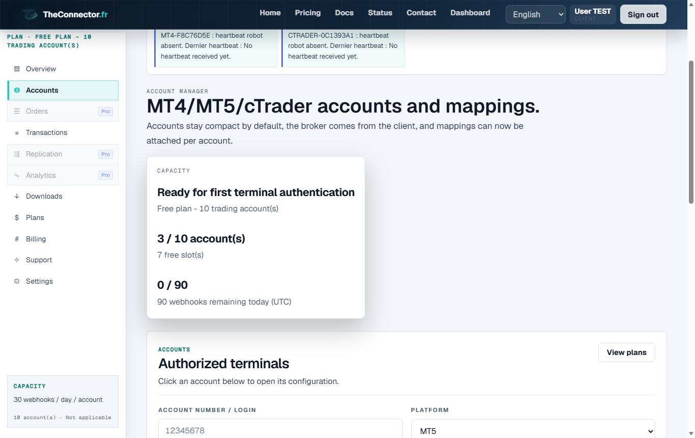 Client account details screenshot