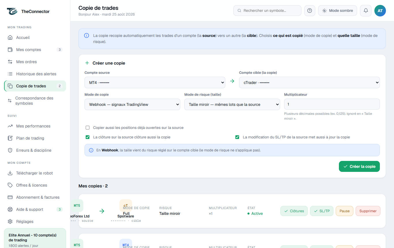 La création d’une copie : compte source, compte cible, mode et taille