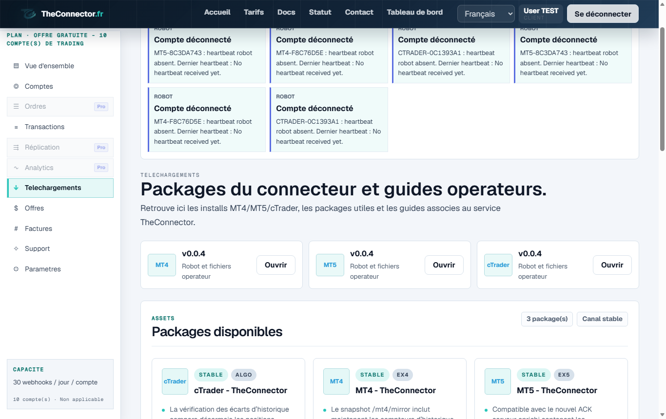 Capture des pages support client