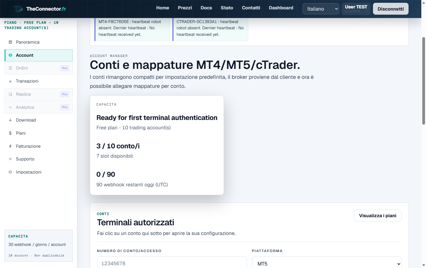 Schermata impostazioni account