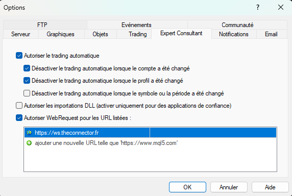 L'adresse autorisée dans les options MetaTrader